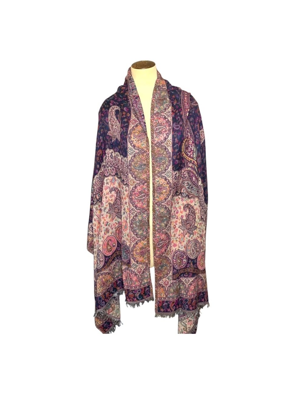 Paisley Woven Scarf Wrap Purple Cream Rectangle Fringed Shawl 28"X80" Reversible - Picture 3 of 11